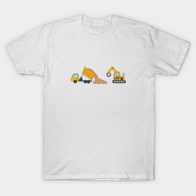 kids drawing of construction vehicles, dump truck unloading gravels and excavator dredging them T-Shirt by wordspotrayal